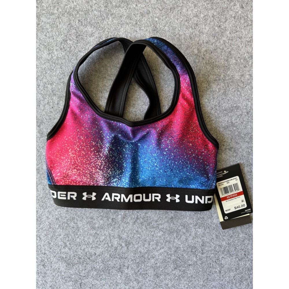 Under Armour Womens Crossback Mid Print Sports Bra Pink Blue Galaxy 1361042 XS
